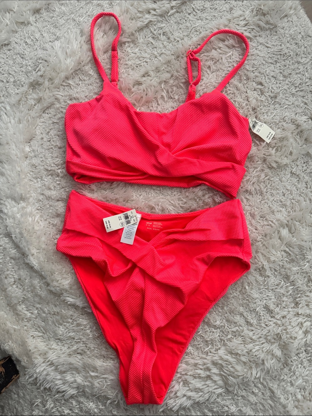 aerie Bright Pink Textured Twist-Front Bikini Set - Picture 1 of 3